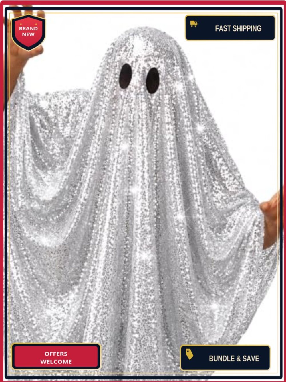 Sequin Ghost Cape Halloween Costume Adult One Size Hooded